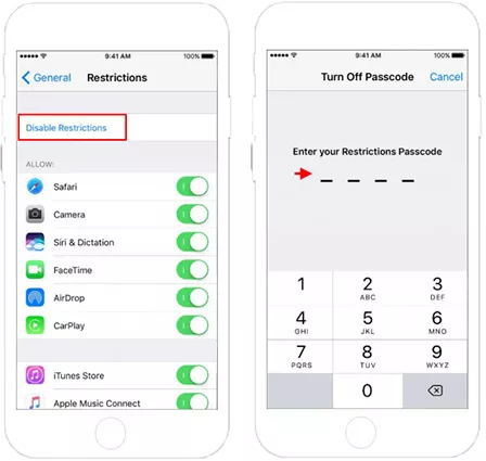 turn off restrictions on iphone