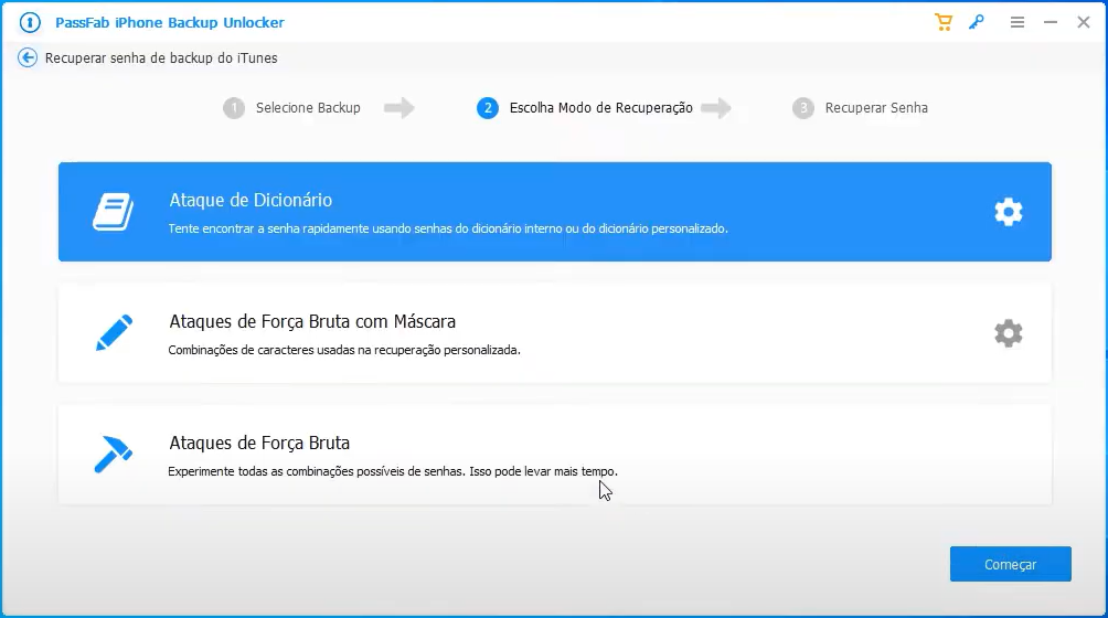 choose attack mode on passfab iphone backup unlocker