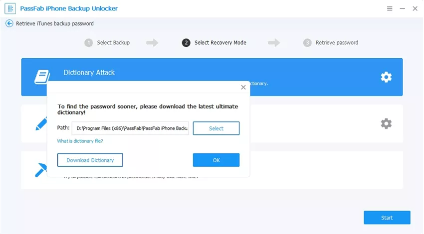 configure dictionary attack settings on passfab iphone backup unlocker