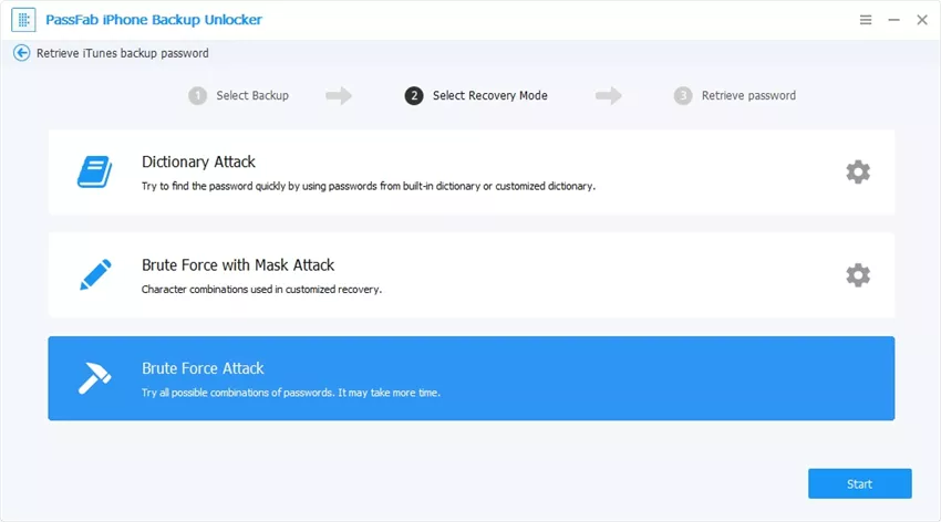 choose brute force attack in passfab iphone backup unlocker